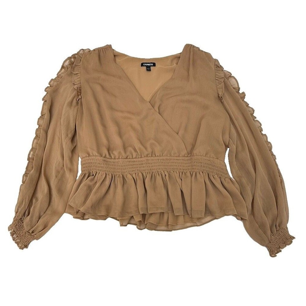 EXPRESS XL Tan Ruffle Peplum Blouse Surplice V Neck Smocked Waist